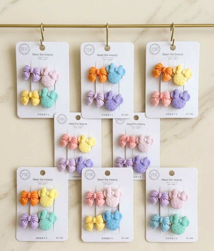 Minnie Mouse ve Fiyonk Figürlü Karışık Pastel Renk Çiftli 5,5 cm Çocuk Pens Toka