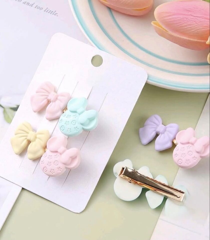 Minnie Mouse ve Fiyonk Figürlü Karışık Pastel Renk Çiftli 5,5 cm Çocuk Pens Toka