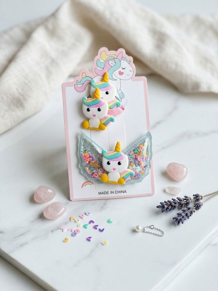 Unicorn Figürlü Lastik ve Pens Çocuk Toka Seti