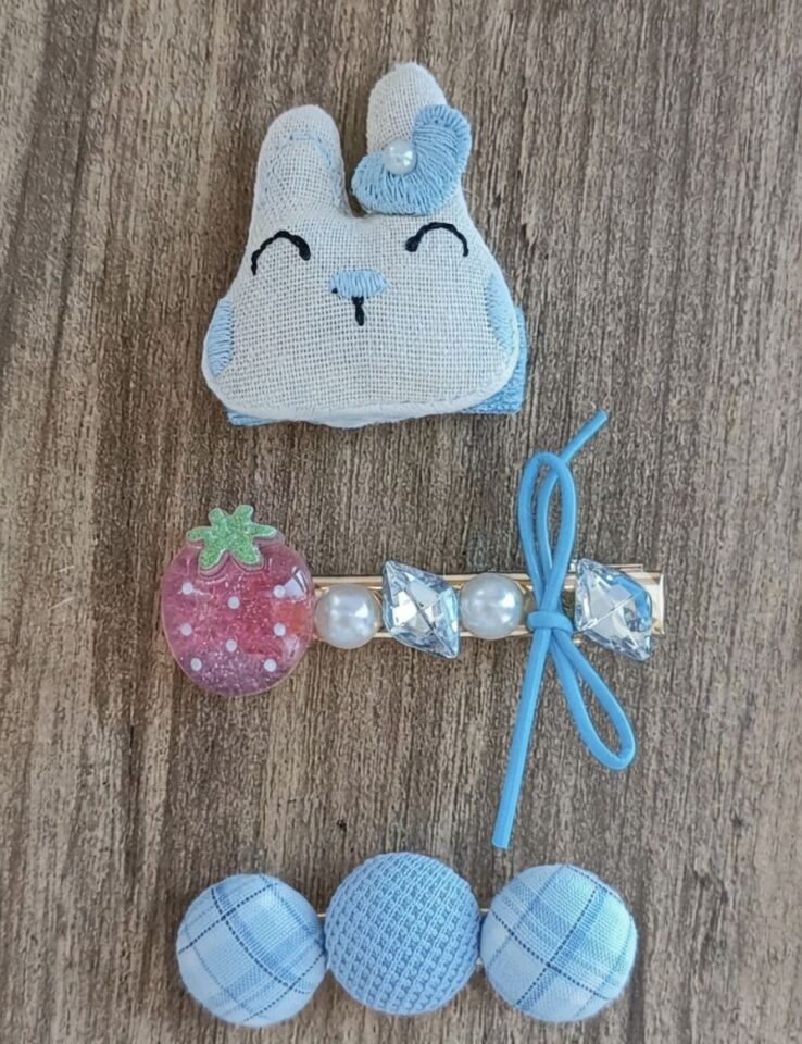 Pofuduk Tavşan Topçuk Çilek Figürlü 3'lü Pens Toka Seti